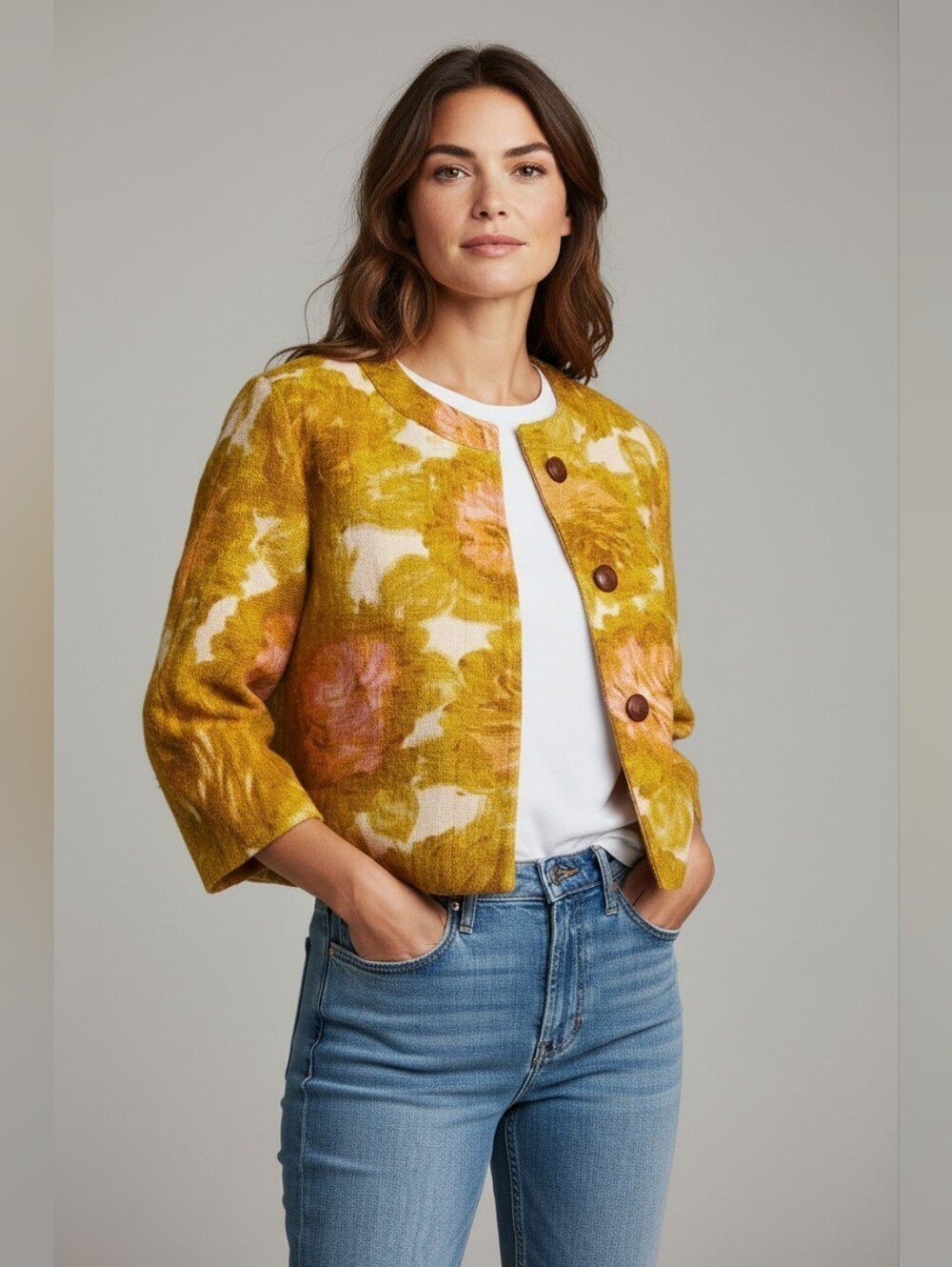 Talbots Yellow and Pink Floral Cropped Blazer